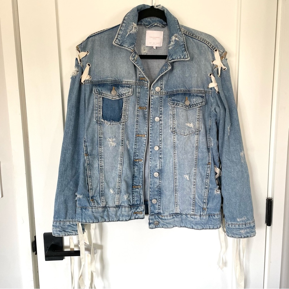 Zara Distressed Lace Up Denim Jacket